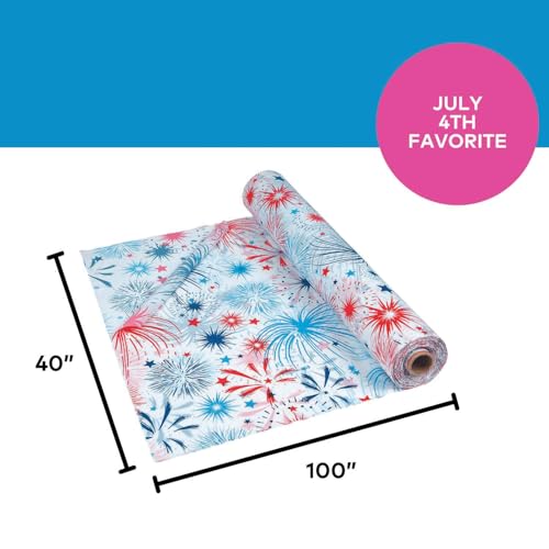Image of Fun Express 40 inch x 100 Ft. Patriotic Disposable Plastic Tablecloth Roll, Great for 4th of July, Memorial Day, Veteran's Day and Other Americana Events, Choose Your Color (Firework)