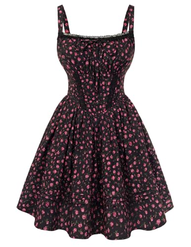 Scarlet Darkness Sommerkleider für Damen 2026, Blumen-Korsettkleid, kurzes Milchmädchen-Sommerkleid, Schwarz, floral, Mittel