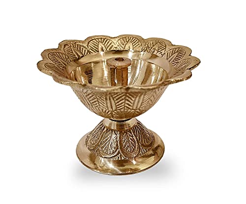 Satvik 2 Pc Set of Brass Flower Shape Engraved Diya with Akhand Jyot Batti Devdas Diwali/ Deepawali Diya for Decoration Puja / Pooja Accessories for Home and Temple by SATVIK - Image 4
