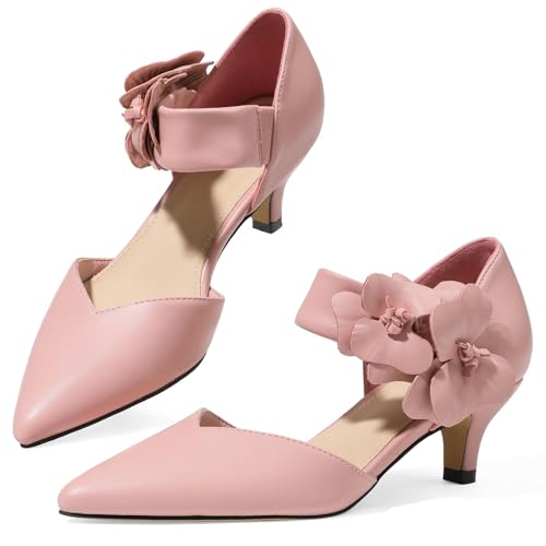 Image of Pointed Toe Low Kitten Heels Women Ankle Strap Slip on Pumps | Closed Toe, 2.2 Inch short heels,Synthetic Upper /Suede,Bridal Dress Shoes - 8 Colors, Wedding, Party and Formal Events