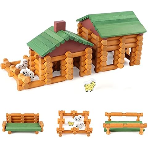 Wondertoys Wooden 170 Pieces Wood Logs Set Wooden Dollhouse Farm House Building Blocks Classic Building Log Toys for Kids Girls and Boys Cover