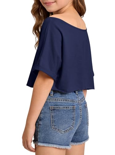 Image of Girls Off the Shoulder Tops Crop Short Sleeve Tees | Rolled Cuffs, Loose Fit, Crop Tops, Dance, Summer, Oversized, Trendy