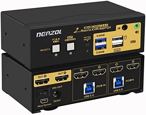 DEPZOL 2 Port HDMI Dual Monitor KVM Switch 4K 60Hz for 2 Computers 2 Extended Display with Cables, Supports YUV 4:4:4, HDCP 1.4, HDR 10, EDID, Audio, Hotkey 922HUA-1A
