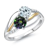 Gem Stone King 925 Sterling Silver and 10K Yellow Gold Green Mystic Topaz Sky Blue Topaz and White Lab Grown Diamond 2 Stone Engagement Ring For Women (1.29 Cttw, Round 5MM, Size 8)