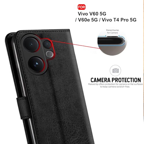 Image of TheGiftKart Genuine Leather Finish Flip Back Cover Case for Vivo V60 5G / V60e 5G / Vivo T4 Pro 5G | Inbuilt Pockets & Stand | Wallet Style | Designer Button Magnet Flip Cover (Faux Leather, Black)