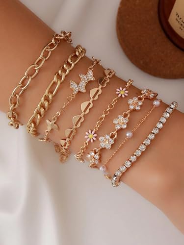 Heart Bracelets Set for Women, Chain Layered Bracelets Collection, Layered Cuba Beaded Chians for Your Wrist, Stackable Bracelet Stack Set, Adjustable Charm Link Bow Butterfly Heart Jewelry Sets