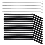 BAZEITFLOW Wiederverwendbare Schwarze Silikon Strohhalme 16 Stück mit Flexiblen Trinkhalmen und Reinigungsbürsten Bpa Frei Bruchsicher für Kaffee und Saft