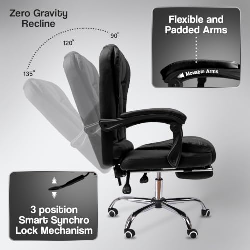 Image of Kepler Brooks Italia Mid Back Leatherette Office Chair for Work | 1-Year Warranty | Boss Chair for Office, Ergonomic Executive Chair, Cushioned Arms & Seat, Leg Rest, Heavy Duty Metal Base (Black)