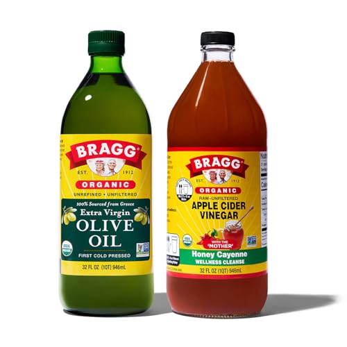Bragg Organic Extra Virgin Olive Oil 32oz + Bragg Organic Apple Cider Vinegar Honey Cayenne Wellness Cleanse with the Mother