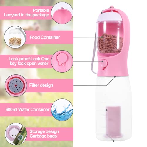 Gkqlczyy 3-In-1 Portable Multifunctional Dog Water Bottle Dispenser For Walking&Hiking And Crate With Food Container, Replaceable Waste Bags, Leak Proof,Dishwasher Safe,Bpa-Free (20Oz-Pink) #TOP1