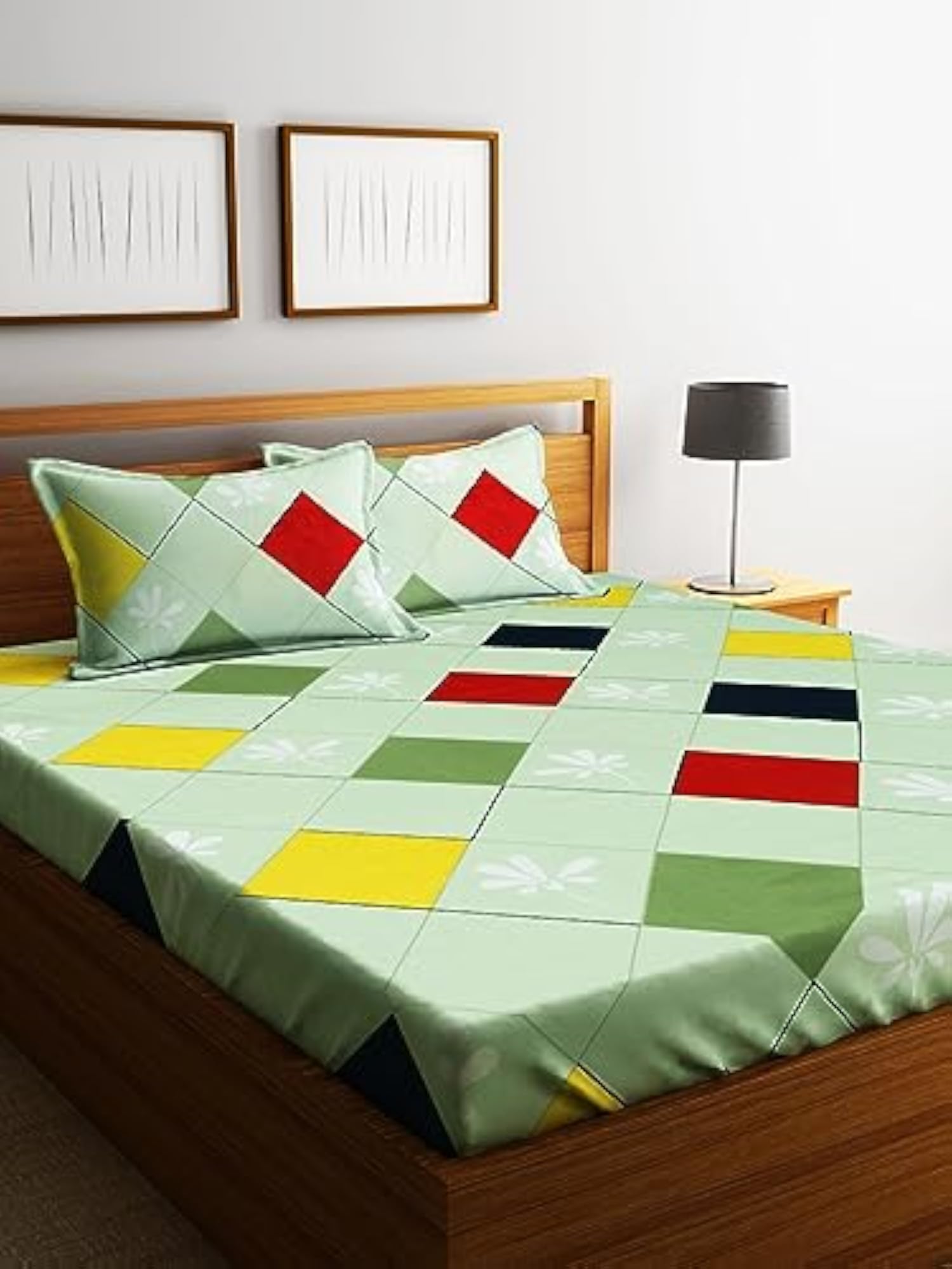 210TC Colorful Geometry Double Bedsheet with 2 King Size Pillow Covers