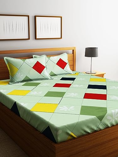 Image of Home Sizzler 210TC Colorful Geometry Red & Green Double Bedsheet with 2 King Size Pillow Covers