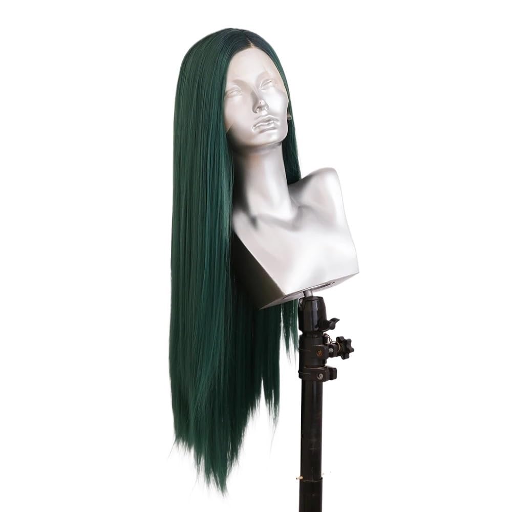 Zielone długie proste peruki dla kobiet środkowe naturalne włókna syntetyczne peruki na imprezę cosplay pełna peruka (61 cm)