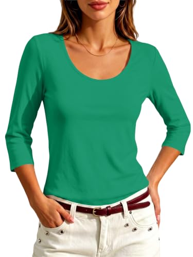 Image of Meetrendi Women 3 /4 Sleeve Scoop Neck Top Cotton Slim Fit Basic T-Shirt | Premium cotton blend, Sleek Scoop Neck, Versatile basic tee, Wear to work, Casual, Layering, Medium-weight, Breathable