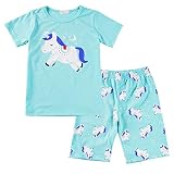Treer Kinder Pyjamas Baumwolle Kurzarm Pajama Set, Sommer Rundhals Schlafanzüge Kinder Zweiteiliger Wohnkleidung Kleinkind Jungen Mädchen Nachtwäsche Einhorn (110cm,Blau)