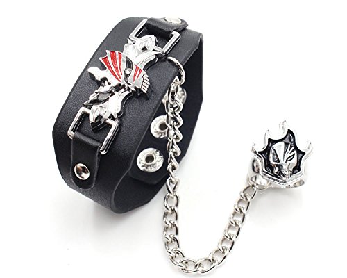 Qiroseonly Jewelry Unique Punk Anime Series Wrist Belt Buckle Style Black Pu Leather Cuff Bangle Bracelet Alloy Unisex Bracelet With Ring Cosplay Wristband And Rings (Black5) #TOP3