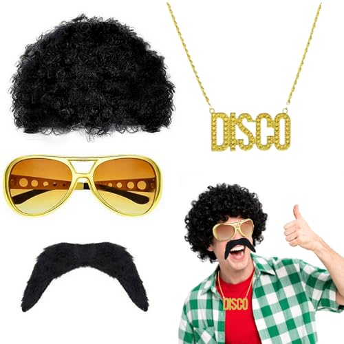 Costume hippie 4 pièces avec perruque et lunettes rétro pour homme