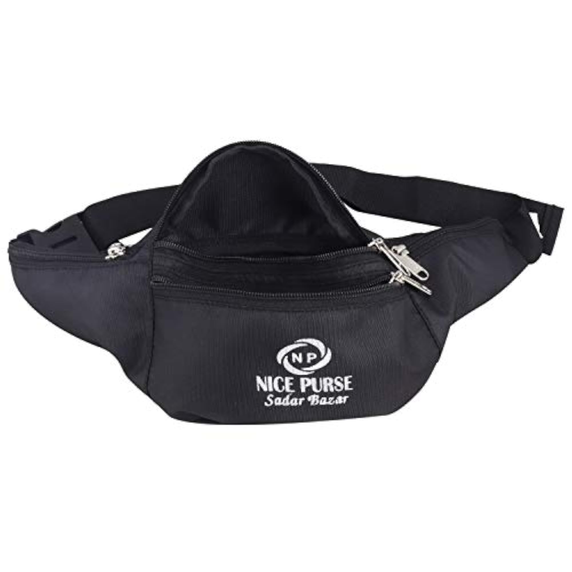 Adjustable Strap Black Polyester Waist Bag, 5 Compartment