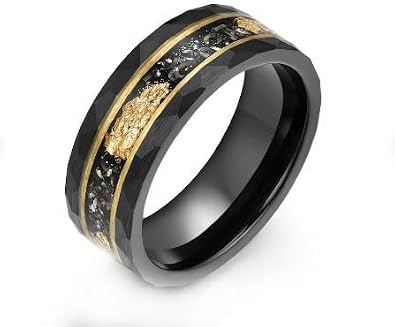 Mens Ring, Hammered Tungsten Meteorite Gold Foil, Black, 4MM 8MM