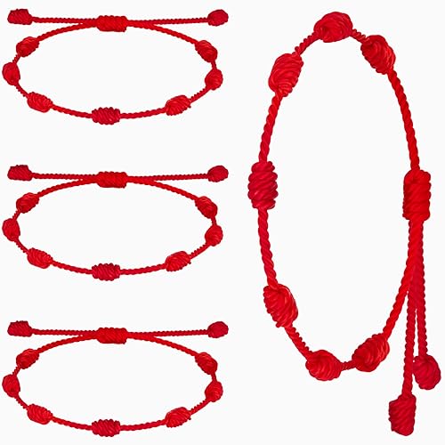 Poxtex Lot de 9 bracelets porte-bonheur à 7 nœuds contre le mauvais œil, Rakhi pour frère et Bhabhi réglable avec cordon rouge pour homme et femme avec perles dorées, bijou de protection, one size