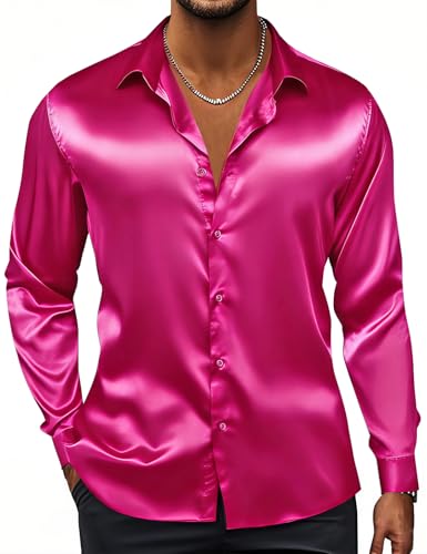 Image of Hi-Tie Men's Silk Satin Dress Shirts Long Sleeve Shiny Casual Button Up Shirts Luxury Party Disco Prom Wedding Shirt