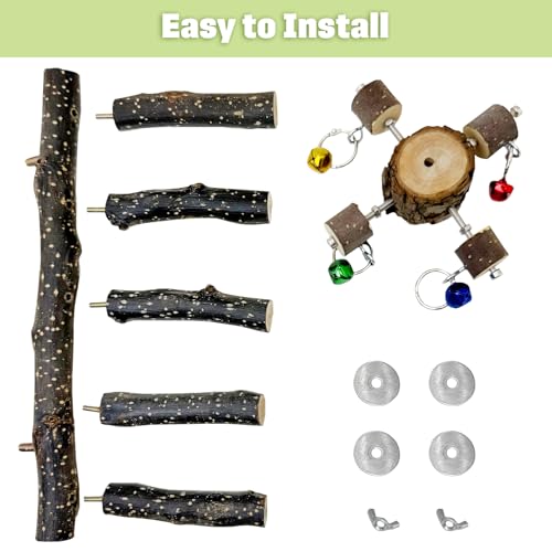 image for BNOSDM Natural Wood Bird Ladder Perch with Rotating Bell Toys-Exercise