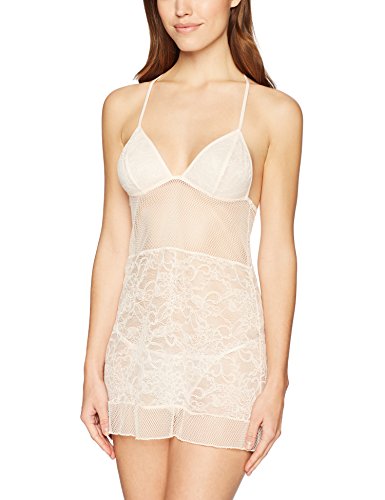 Amazon Brand - Mae Women's Allover Lace Chemise And Thong Set, Crème De Peche, Large