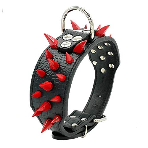 Berry Pet Sharp Spiked Studded Dog Collar - Stylish Leather Dog Collars - 2 Inch In Width Fit For Medium & Large Dogs - Such As Pitbull Mastiff - Red Rivets & Black Leather,17-20" #TOP2