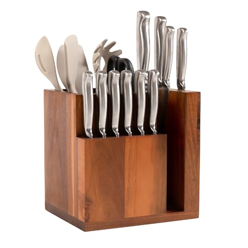KitchenEdge Bloque magnético de Acacia para cuchillos y utensilios de cocina, almacenamiento elegante para cuchillos de chefs, cuchillos de carne, espátulas, tijeras, pies de goma antideslizantes