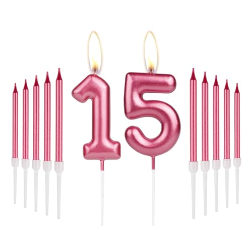 iNINGER Red 15th Birthday Number Candles, Number 15 Candle Cake Cupcake Toppers, Red Long Stick Candles, Birthday Party Wedding Anniversary Decorations