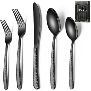 40-Piece Black Hammered Silverware Set, Deedro Stainless Steel Heavy Dury Flatware Set for 8, Food-Grade Tableware Cutlery Set, Utensil Sets for Home Restaurant, Mirror Finish, Dishwasher Safe