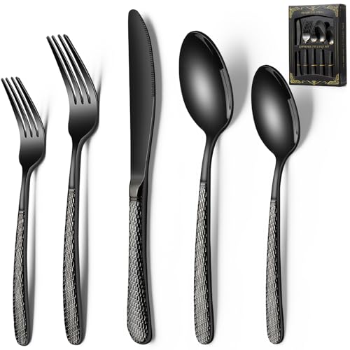40-Piece Black Hammered Silverware Set, Deedro Stainless Steel Heavy Dury Flatware Set for 8, Food-Grade Tableware Cutlery Set, Utensil Sets for Home Restaurant, Mirror Finish, Dishwasher Safe