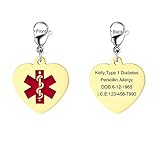 MZZJ Customize Gold Plated Stainless Steel Heart Shape Medical Alert ID Charm Lobster Clasp for DIY Bracelet, Food Drug Allergy Diabetes Medical Keychain for Unisex,Red Logo,Style 1-Size L