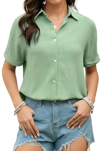 Stamain Camisas Verano Mujer Verde Blusa Mujer Manga Corta Informales Camisas con Botones Cuello en V Elegantes Moda Trabajo de Oficina 2XL
