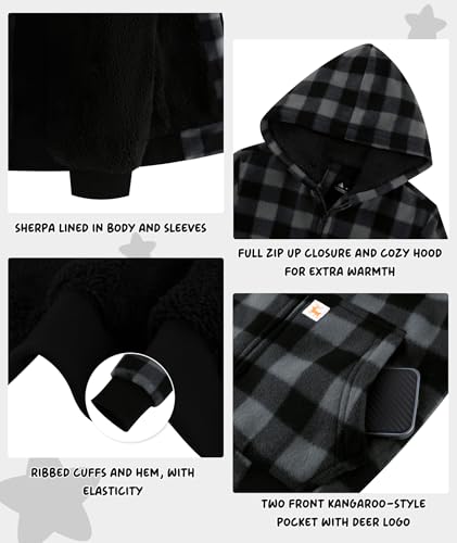 Image of V VALANCH Boys Flannel Jacket Hooded Fleece Lined Zip-up Hoodies Plaid Coat for Kids
