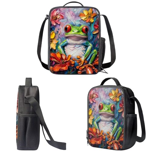 PinUp Angel Red Eye Tree Frog Print Cute Kids School Backpack with Lunch Bag and Pencil Bag, Elementary Middle Bookbag Teenager Oil Painting Artistic Animal Patterned School Bag4