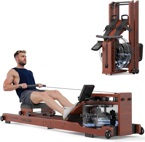 YOSUDA Máquina de Remo para Casa, Máquina Remo Plegable Casa, Madera Maciza Asiento Cómodo, con Pantalla Bluetooth, Soporte y Depósito de Agua de 18L, Capacidad de Carga 185 kg