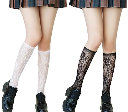 Scalingscal 2 Paires de Chaussettes Résille Hautes et Sexy en Dentelle Mignonne (Blanc, Noir)