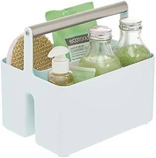 mDesign Under Sink Storage  Plastic and Metal Bathroom Caddy  Portable Cosmetics Storage Organiser  Mint Green/Matte Silver