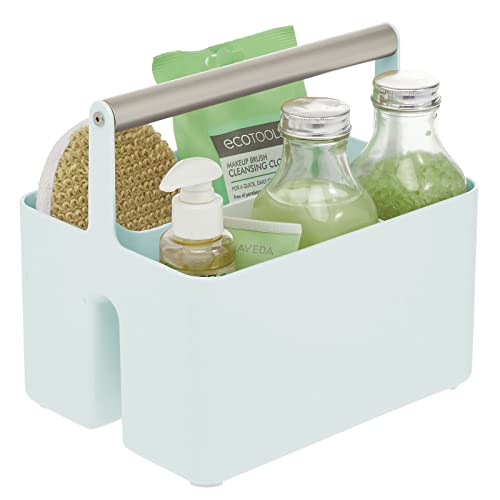 mDesign Plastic Shower Caddy Storage Organizer Utility Tote, Divided Basket Bin - Metal Handle for Bathroom, Dorm, Kitchen, Holds Soap, Shampoo, Conditioner - Aura Collection - Mint Green/Satin
