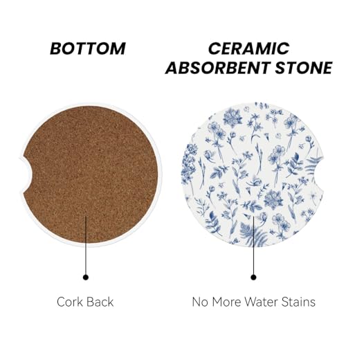 Image of Vintage Blue Flower Car Coasters for Cup Holder Absorbent Ceramic Cup Coaster 2 Pack Anti Slip Car Interior Accessories with Finger Notch Cork Base for Women Men 2.56 inch