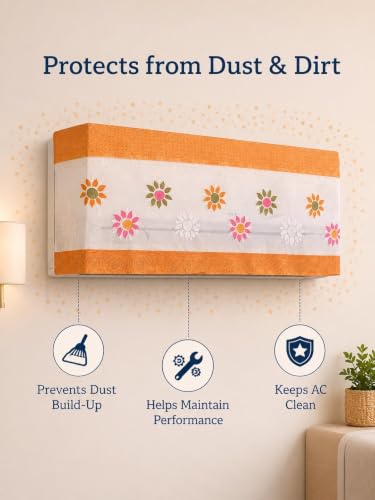 Image of Premium Cotton Net Split AC Cover for 1.5 Ton Indoor Unit | Designer Summer AC Dust Protection Cover | Stylish Protective AC Cover | 38 x 15.35 x 7.8 In | Orange Flower