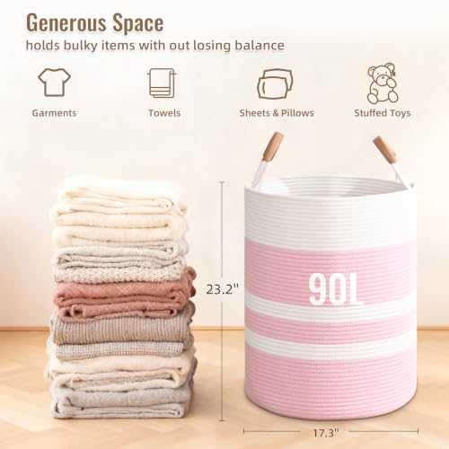 Image of Large Laundry Basket, Laundry Hamper with Leather Handles, 90L Woven Dirty Clothes Hamper, Rope Hampers for Bedroom, Barthroom, Pink