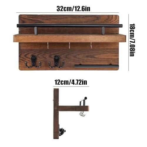 Porte-clés mural en bois massif de qualité supérieure avec étagère rustique décorative - 3
