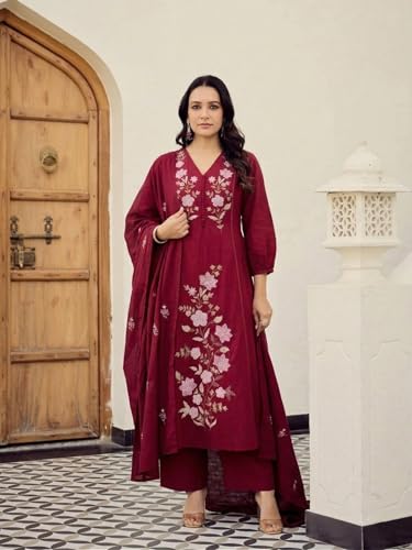 Image of ANNI Designer Kurta Set for Women Viscose Embroidered | Kurti Set for Woman | A Line Kurta Palazzo Dupatta 3 Piece Outfit | V Neck 3 /4 Sleeve Regular Fit Ethnic Dress Stylish Clothing