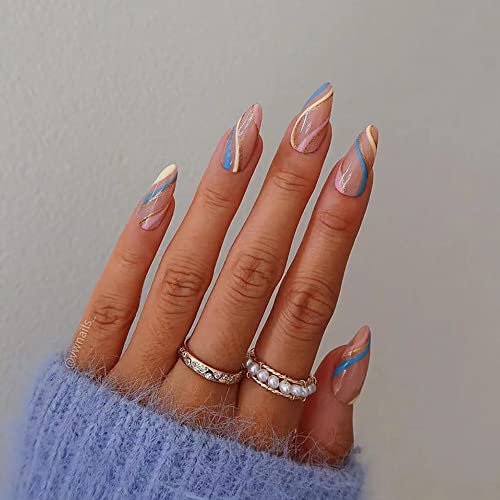 Fake Nails Almond Press on Nails Medium with Design Colorful Swirl Glue on Nails for Women Artificial Glossy Full Cover False Nails for Women 24PCS(Blue Yellow Swirl)