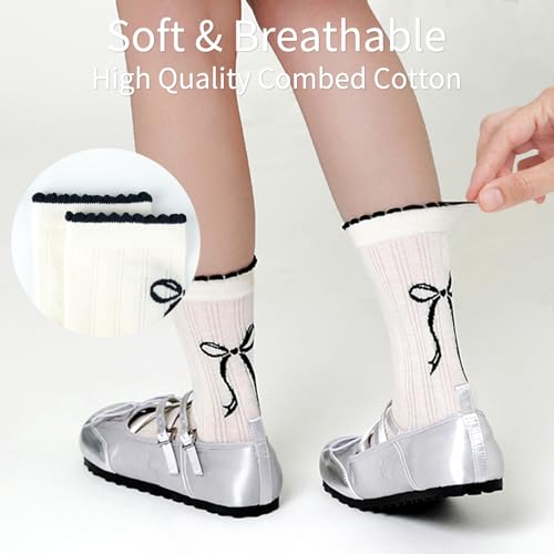 3 Pairs Women's Cute Crew Socks Casual Novelty Athletic Bowknot Cotton Calf Socks for Women4