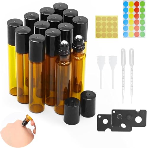 JJZGPP Flacon Roll On Vide 10ml 14pcs Roll On Huile Essentielle Vide Bouteil Brun Verre Flacon Roller Rechargeable, Avec Bille en Acier Inoxydable pour Parfums, Aromathérapie, Massage, Voyage