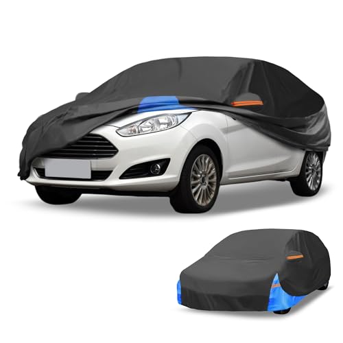 Image of All-Weather Waterproof Car Cover - UV-Resistant Outdoor Full Exterior Protection for Ford Fiesta Sedan 210D-PU Black Blue with Right Side Zipper