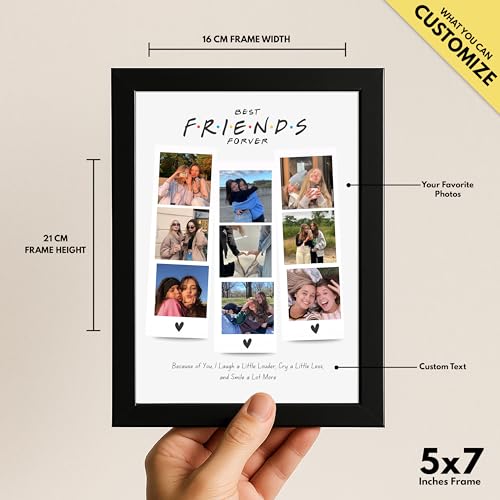 Image of Framekaari Friends Customised Photo Frame | Personalised Birthday Gift | Polaroid Style 9-Photo Collage & Custom Text | Tabletop & Wall Mount | Room & Home Decor | 16x21 cm (Design-05)
